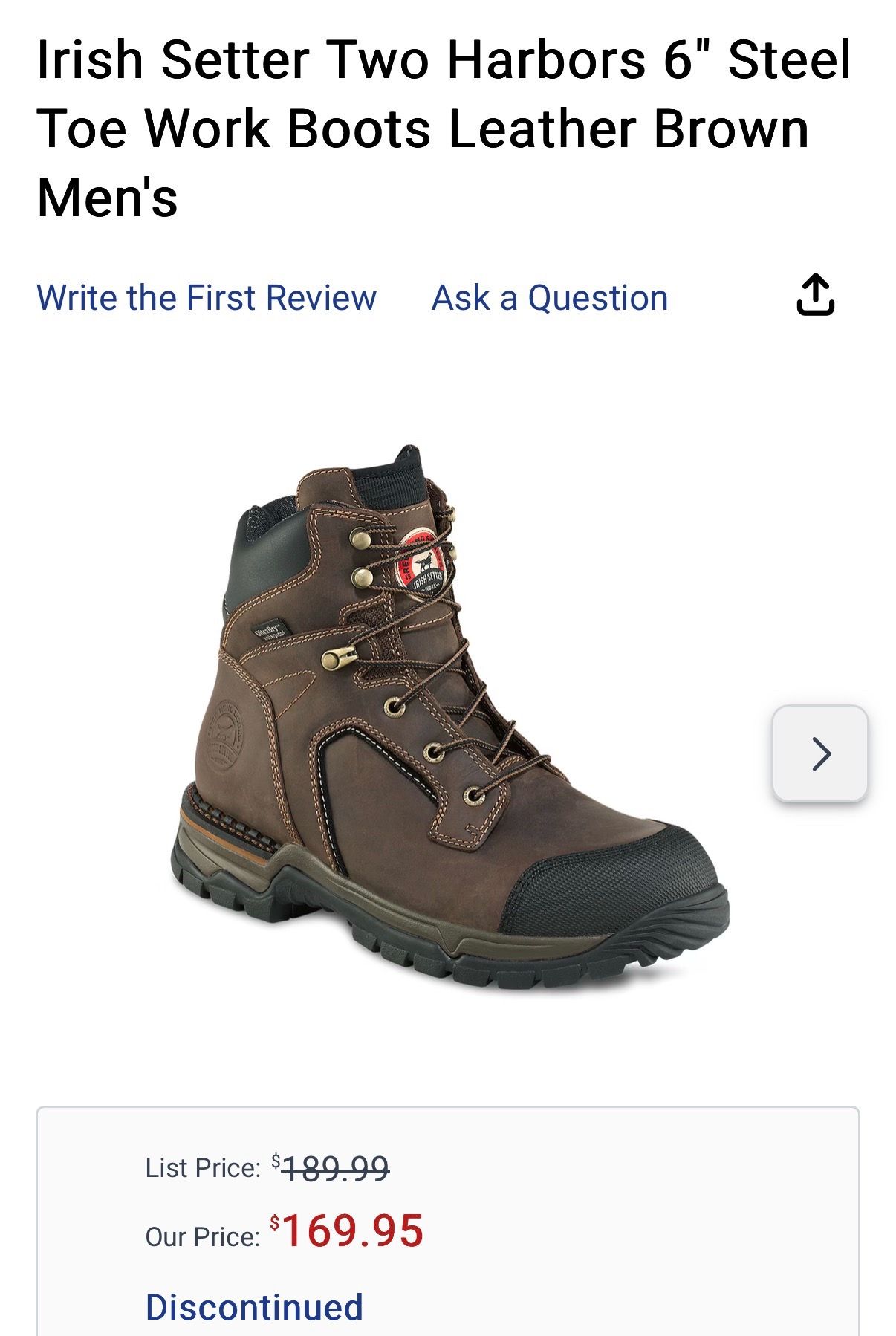 Red Wing Irish Setter Two Harbors 6" Steel Toe Work Boots Leather Brown Men's 10