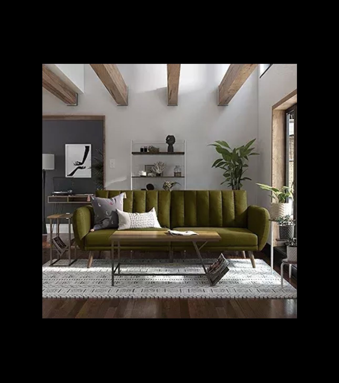 Novogratz Brittany Sofa Futon, Premium Linen Upholstery And Wooden Legs, Green Linen