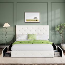 Queen Size Platform Bed Frame with 4 Storage Drawers and Headboard, Diamond Stitched Button Tufted, Mattress Foundation with Wooden Slats Support, No 