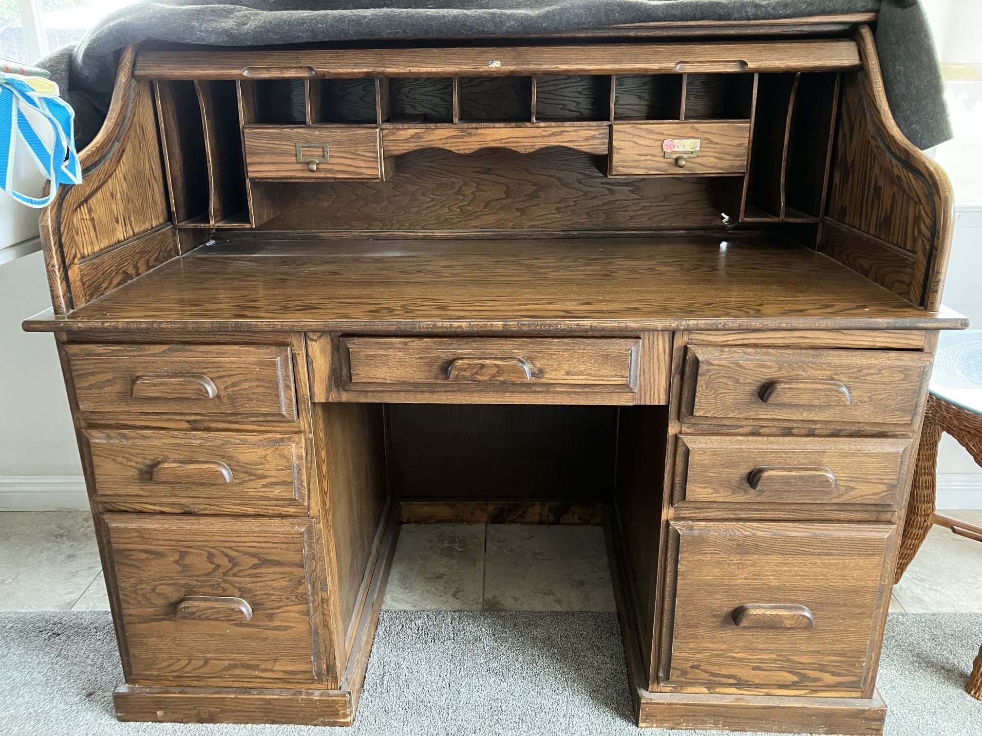 Solid Wood Roll Top Desk And File Cabinet