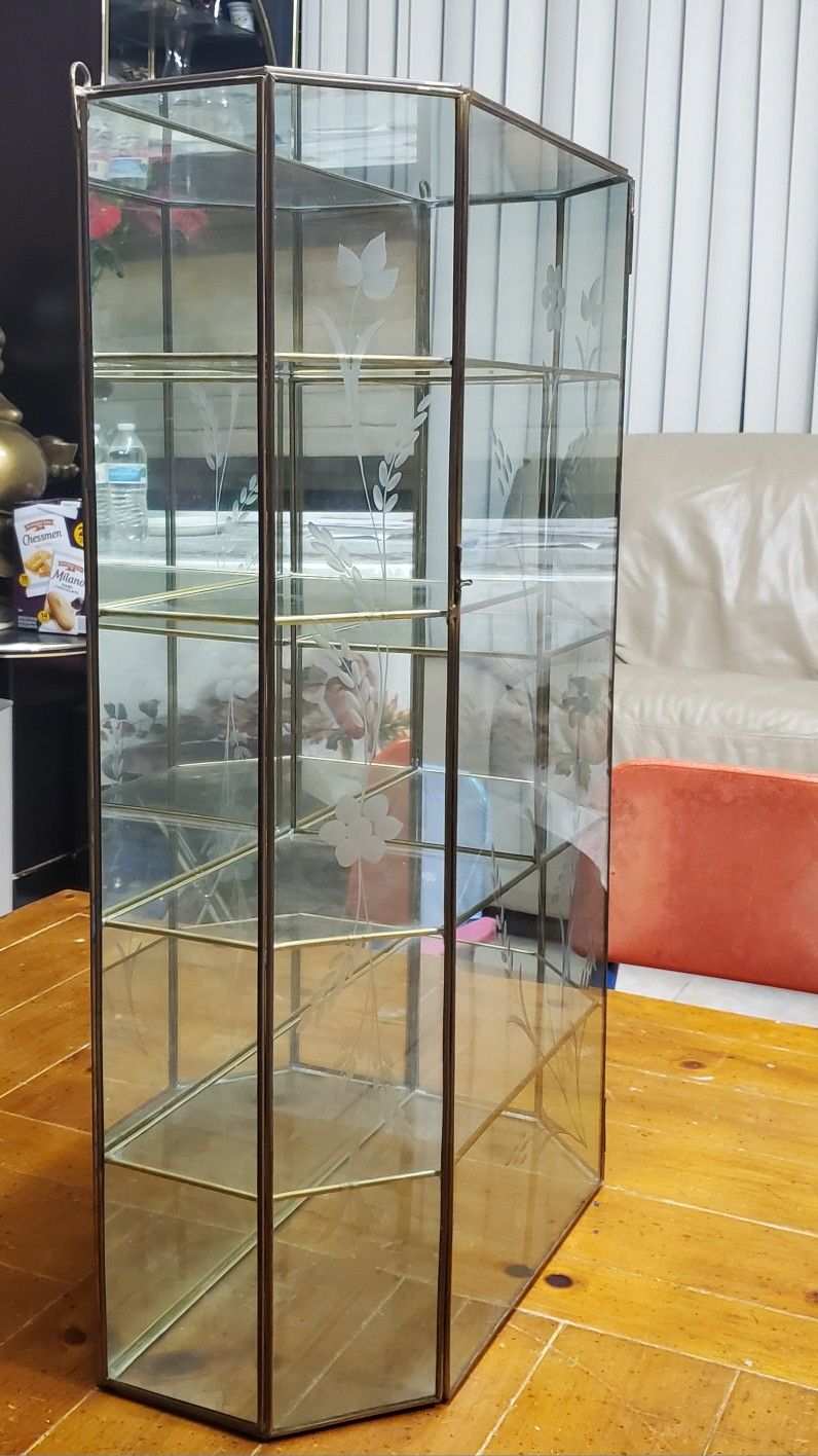 Vintage Large Display Case Brass Glass 5 Shelves, Mirrored Back,  About 2 Feet Tall