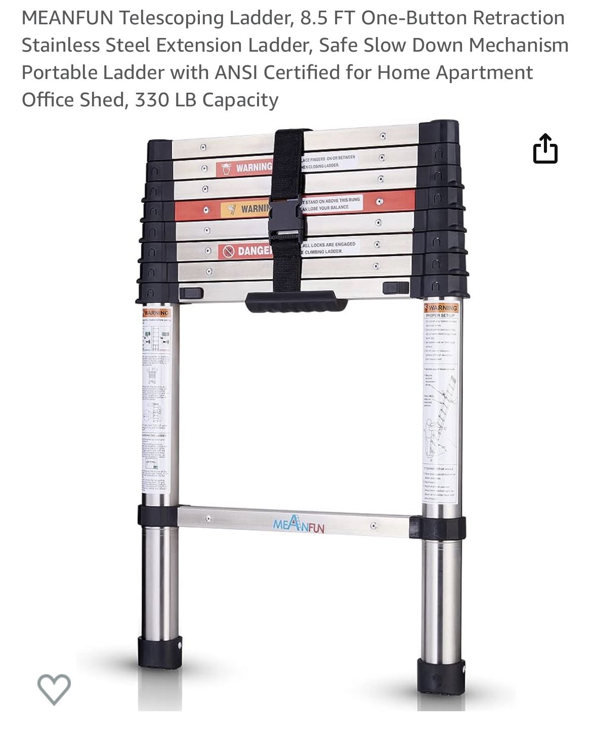 MEANFUN Telescoping Ladder, 8.5 FT OneButton Retraction Stainless