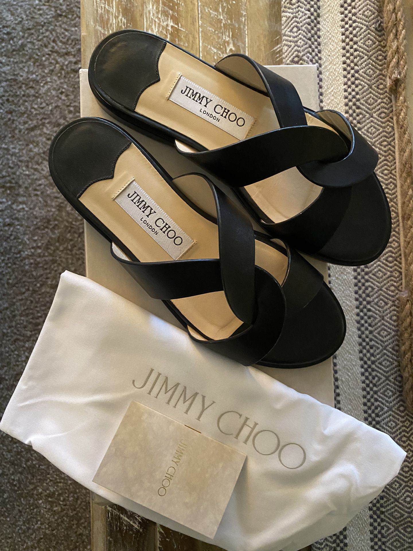 Jimmy Choo Black Leather Flat Sandals Size 35