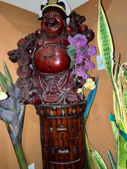 Large Red Resin Laughing Buddha Statue and 4 drawer round tall dresser delivery