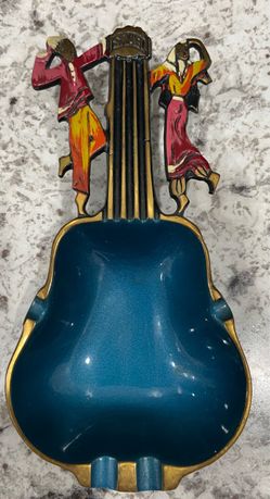 Vintage Israel Guitar Shaped Ashtray/Trinket Dish with Folk Dancers