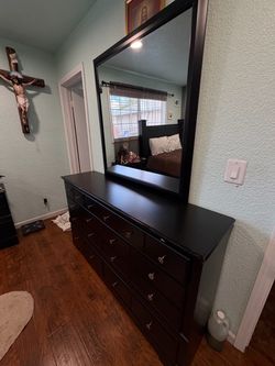 Black Wood Vanity, Queen bed frame, 2 nightstands