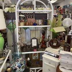 Vintage White Bamboo Wicker Wood Glass Shelf Shelves