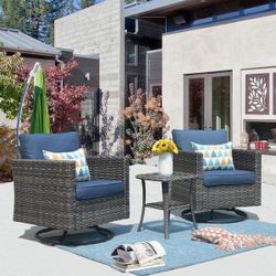 Gray 3-Piece Wicker Patio Conversation Seating Sofa Set with Denim Blue Cushions and Swivel Rocking Chairs  This 3-Piece outdoor conversat