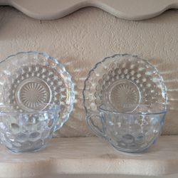 Sapphire Blue Bubble Glass Teacups & Saucers Anchor Hocking