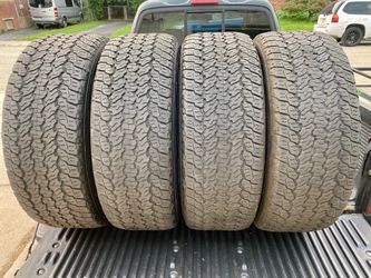 4) 255/65/17 Goodyear Wrangler All Terrain Adventure Tires  Tread measures approx 9/32  Light dry rot between the tread  DOT 3721  $275 for 4  I carry