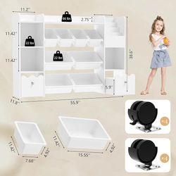 Kids Bookshelf Toy Storage Organizer with 2 Movable Drawer for Boys and Girls Multifunctional Floor Storage Chest for Rooms, Playrooms, Classroom and 