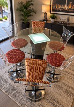 Round Glass Dining Table with Illuminated Base and 6 Acrylic Swivel Chairs