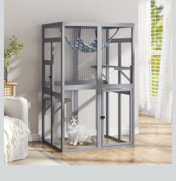 Catio Outdoor Cat Enclosure Window Access, Wooden Cat House Shelter, Kitty Cage with Hammock for Patio