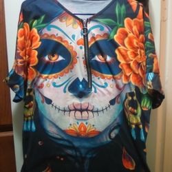 Sugar Skull Shirt Women's Clothing Day Of The Dead Halloween Sugar Skull Queen 1x Multicolor Shirt 