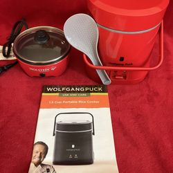 NEW WOLFGANG PUCK 1.5 CUP PORTABLE RICE COOKER RED + holstein mini electric skillet ( Used Once ) LIKE NEW ‼️ Hard TO FInd ‼️