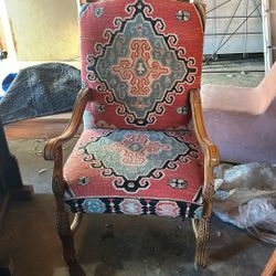 Red Kilim Turkish fabric gorgeously carved armchair.