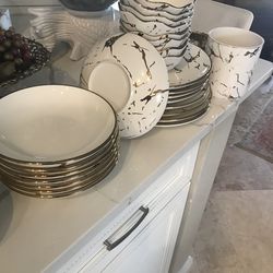 Set of eight dinner plate white and gold plus salad dish and soup dish and centerpiece