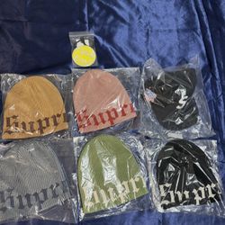 Supreme SS25 Old English Printed Beanies, World Famous S Logo 6-Panel, Supreme/Blue Lug Reflector