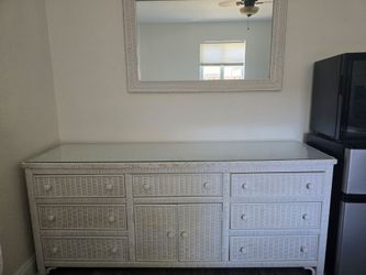 Wicker glass top dresser, nightstand and mirror