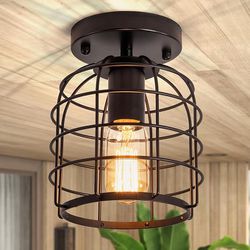 Brand New Industrial Black Semi Flush Mount Ceiling Light, Farmhouse Mini Cage Ceiling Light Fixture, Vintage Ceiling Lamp for Hallway Entryway Kitche