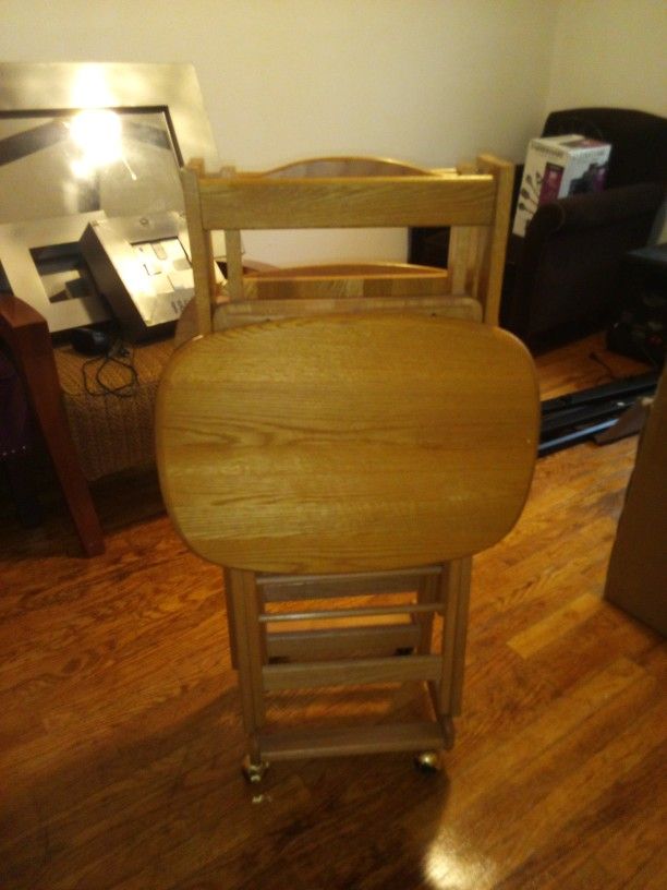 Wood Chairs and TV Trays With Rolling Stand
