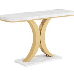39.4 in. Faux Marble White Rectangle Engineered Wood Console Table for Entryway with Gold Base, New