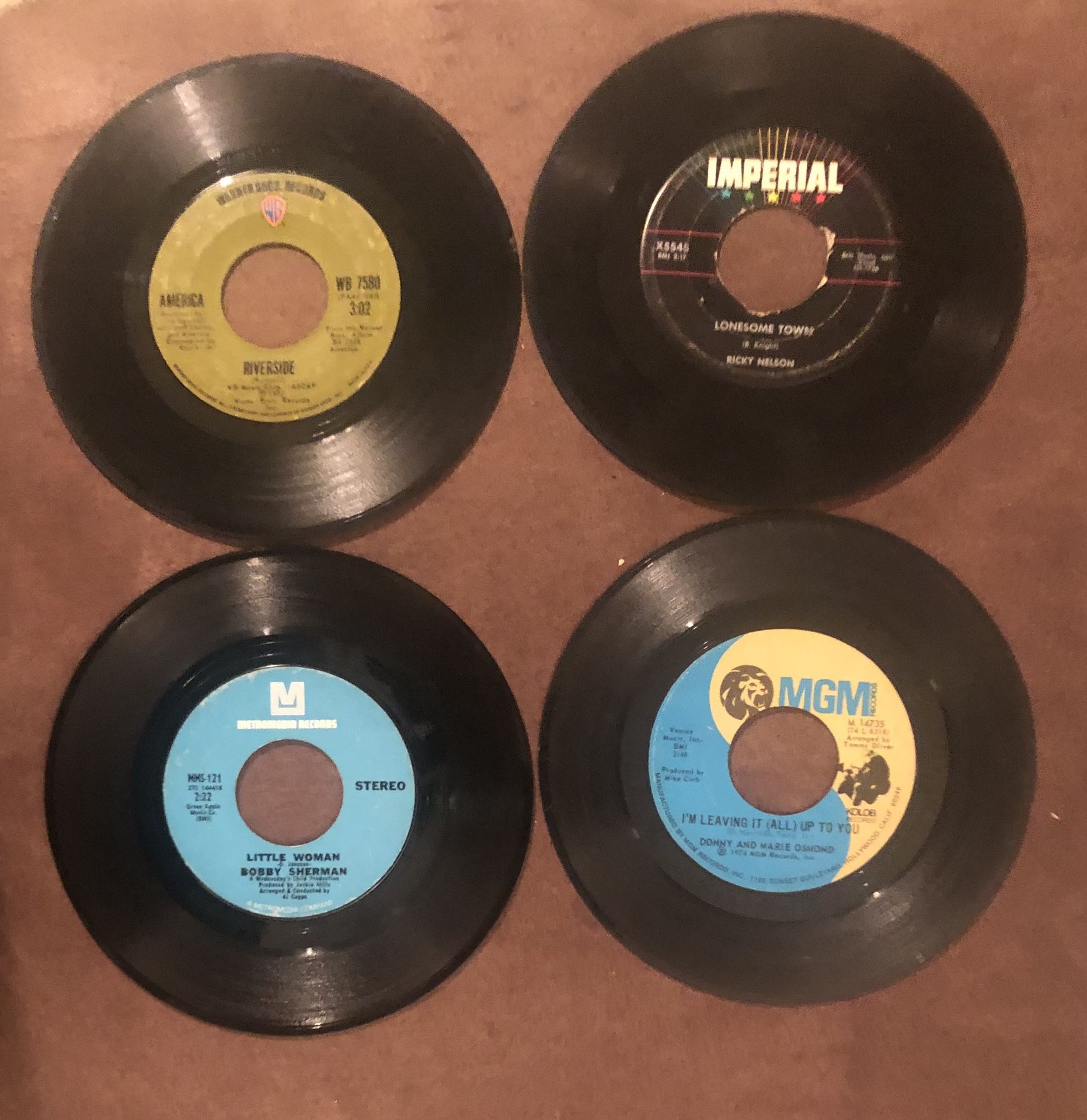 4 Vinyl 45 Records-America-Bobby Sherman-Donny & Marie Osmond-Ricky Nelson GC