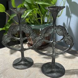 Pair of Vintage Ginko Leaf Candle Holders with Verde Gris Type Finish