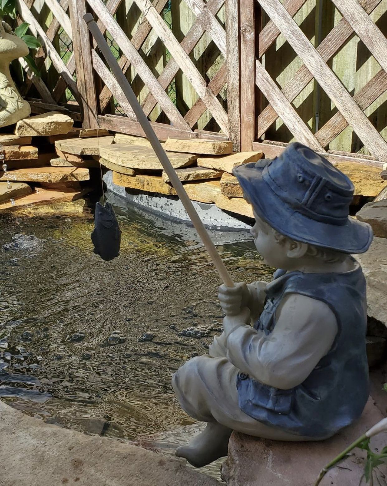 Brand New Frederic The Little Fisherman of Avignon Boy Fishing Garden Statue, two tone stone for