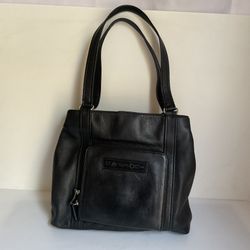 Vintage Fossil Black Genuine Leather Tote Shoulder Bag Y2K Large Purse 