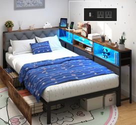 Open Box Twin XL Corner Bed Frame With Storage LED Lights and Charging Station