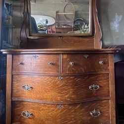 Antique Victorian Tiger Oak Dresser With Mirror 