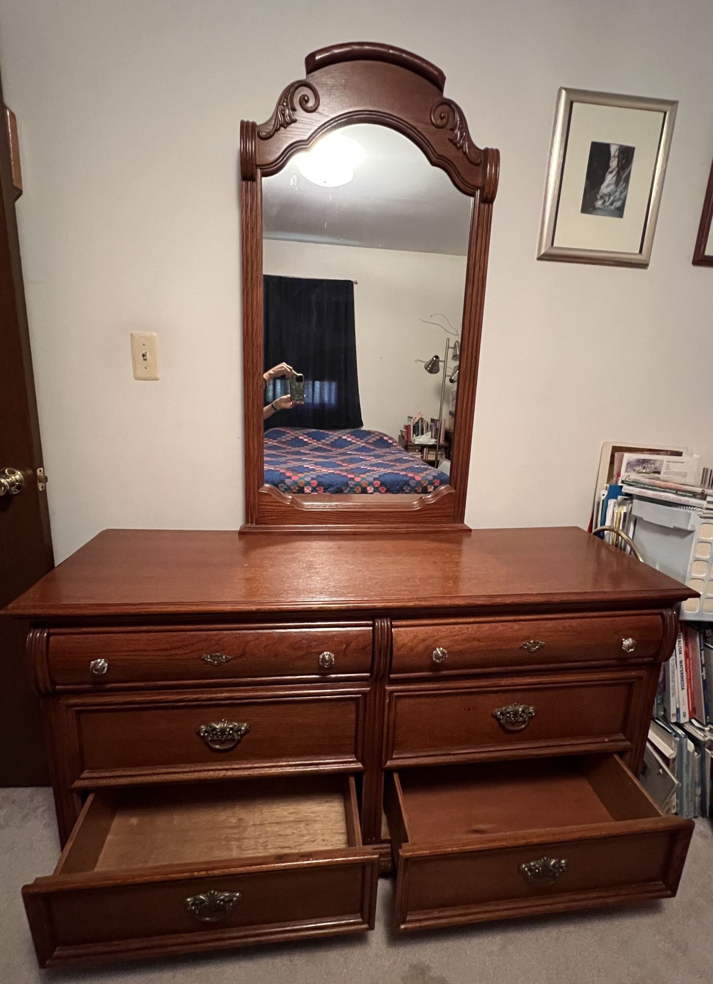 Beautiful Solid Oak Dresser With Ornate Mirror. (I Also Have A Matching Desk With Shelves)