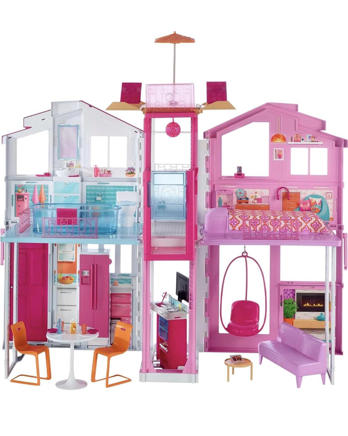 Barbie 3-Story Townhouse Dollhouse with Elevator, Swing Chair, Furniture and Accessories, Fold for Portability and Travel