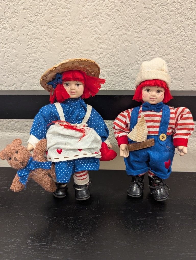 Raggedy Ann & Andy Vintage Porcelain Doll Set 7"  - Terry's Village