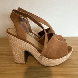 Sun + Stone Women’s Tan Suede Espadrille Platform Heels – Size 10