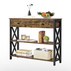 Console Table with Drawer, Entryway Table with 3 Tier Storage Shelves, Narrow Long Sofa Tables for Entryway, Living Room, Hallway, Couch, Kitchen, Met