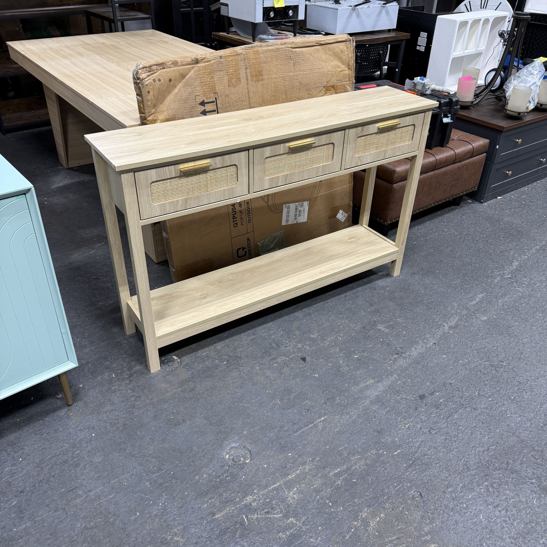 Rattan 51.2" Console Table with 3 Drawer, Entryway Table with Drawer & Shelf, Boho Sofa Table Behind Couch Foyer for Living Room, Hallway, Natural Woo