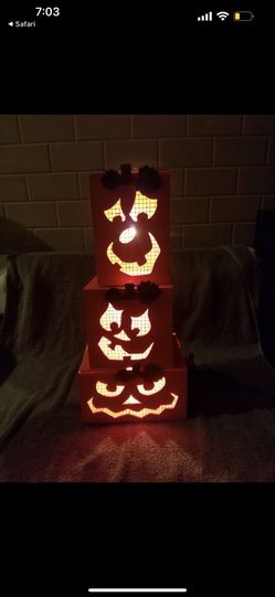 Vintage Halloween Decor Light Up Provo Craft VINTAGE Set Of 3 Stacked Pumpkins Jack O Lantern Tower Halloween