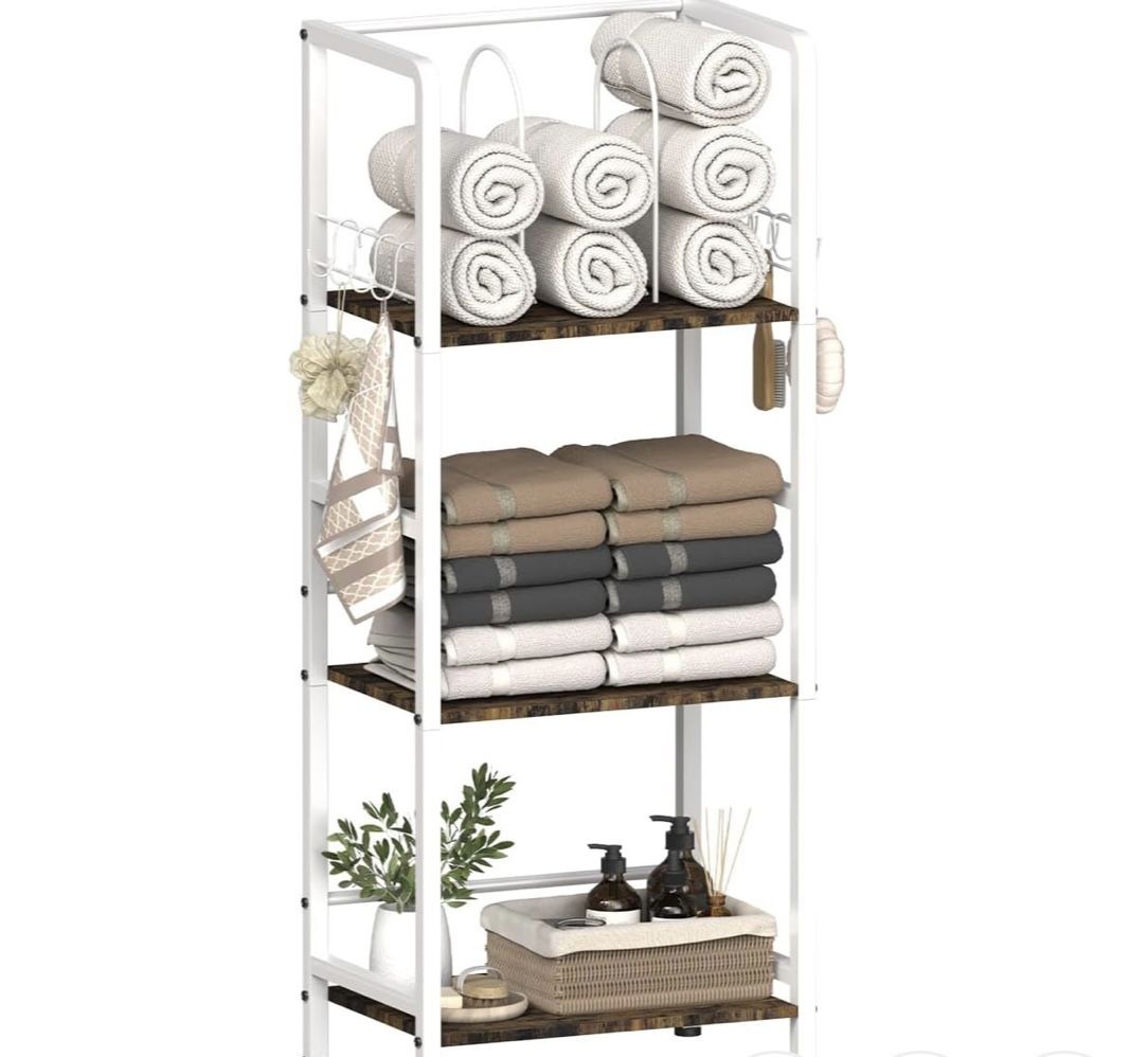 Free Standing Towel Racks for Bathroom with U-Shaped Detachable Dividers, 3-Tier Floor Towels Holder Stand with Shelf & 8 S-Hooks, Metal Pool Towel St