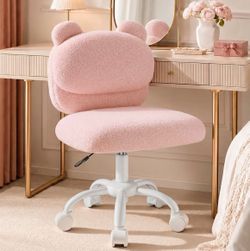 Vanity Chair with Wheels, Armless Desk Chair, Pink Office Chair Soft Teddy Fleece Fabric, Bear Backrest, Wider Seat, Smooth Wheels, Adjustable Height,