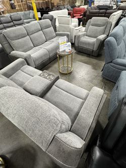 Premium Grey 2 Tones Recliner Living Room 3Pcs Set