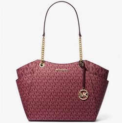 Michael Kors Jet Set Travel Signature Chain Tote Shoulder Bag Oxblood NEW