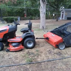 Husqvarna Riding Lawn Mower And Agri-Fab 44 In  Tow Behind Lawn Sweeper