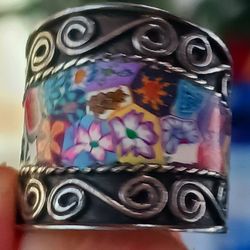 Vintage .925 Silver Handmade Milefiori Colisione' Ring, One Of A Kind Size 6