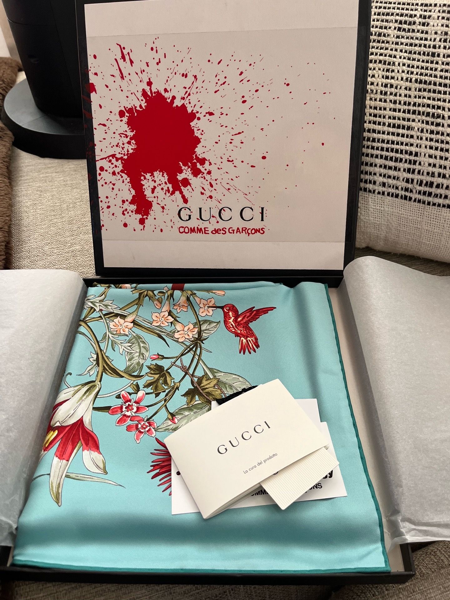 Gucci x Comme des Garçons Floral Silk Scarf Shawl Tiffany Blue