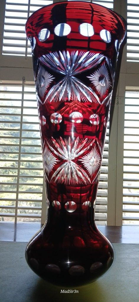 Vintage Bohemian Czech Ruby Red Cut To Clear Large Vase