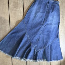 CHICOS Denim Maxi Skirt Size 0 Flared Mermaid Style Frayed Hem Boho Western