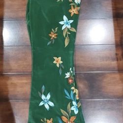 Women Bell Bottom Pants Corduroy  Green Embroidered Flowers 