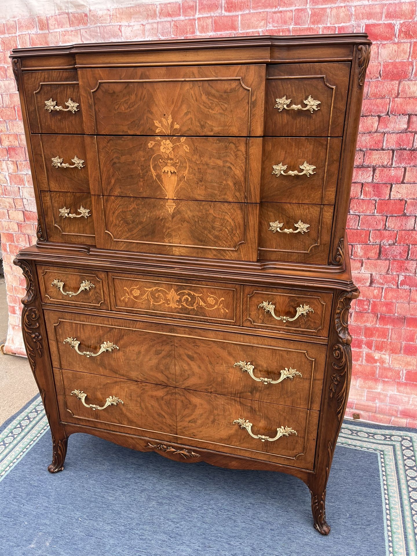 Antique Tall Dresser Solid Wood Inlay French Provincial